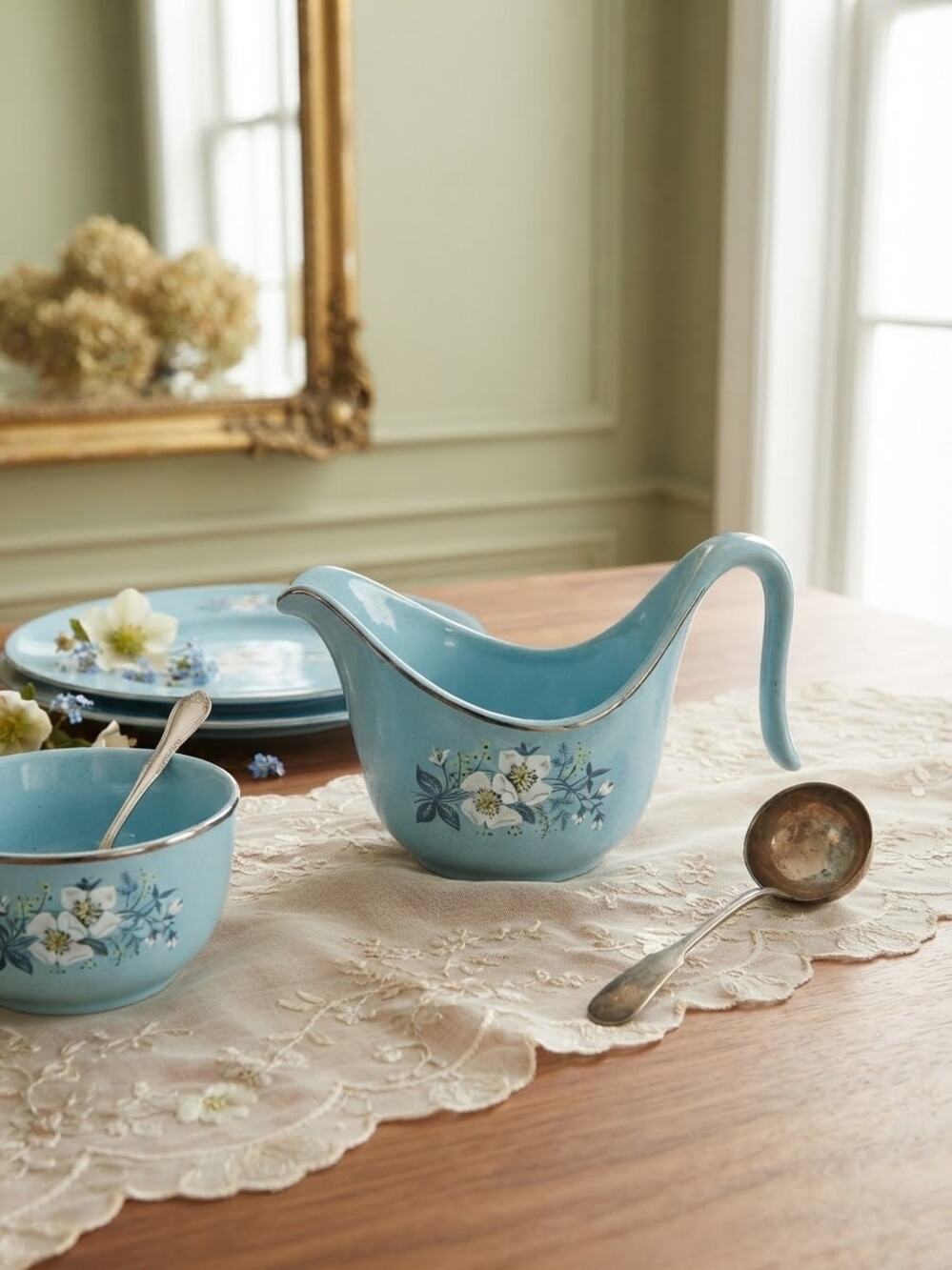Vintage Taylor Smith Taylor Ever Yours Blue Floral Creamer Gravy Boat MCM
